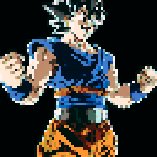 Create a 60x60 pixel art of Goku, with accurate features: spiky hair, orange and blue suit. It should mimic the anime’s style, resembling classic 8-bit video game art and be highly recognizable. Make it as detailed as you can to fit withing 60 pixels by 60 pixels should look like snes graphics.