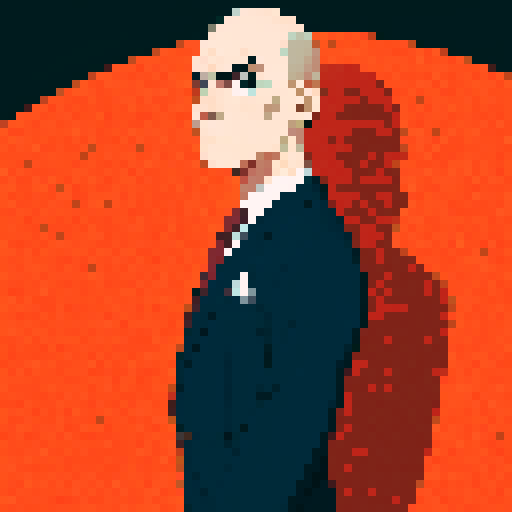 minister of foreign, serious expression, bald,  close-up, confident stance, anime style, pixel art, suit, front view, serious expression, 60-years-old