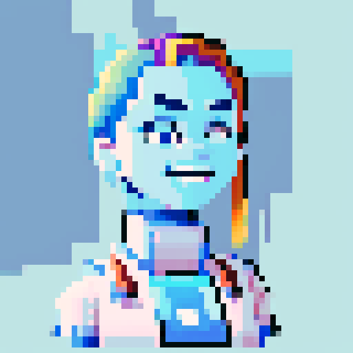 pixel art avatar with vibrant colors, detailed shading, and a retro aesthetic, featuring a stylized face with big expressive eyes and a playful smile, surrounded by pixelated hair with intricate highlights and shadows, against a pixel art background with a gradient sky and a cityscape silhouette, all rendered in the sRGB color space