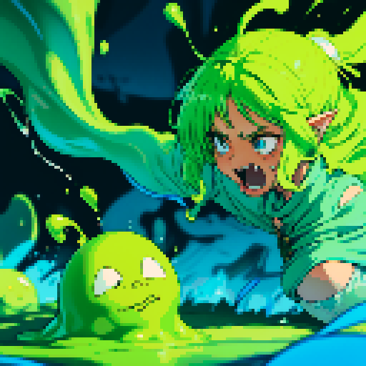 slime surging up around someone, slime engulfing a hero, slime consuming a hero, hero getting engulfed by slime, slime attack, dynamic, slime slamming into someone, impact, splashing slime