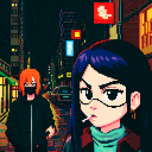 Girl on the right smoking a cigarette, guy on the left holding a gun with a black mask covering his face, gritty, rainy, nighttime, downtown