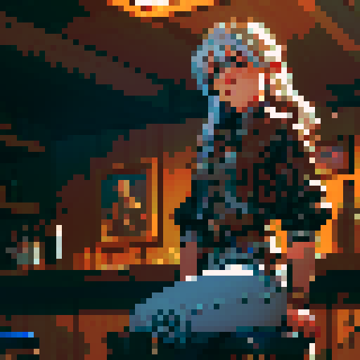 Dusty, weathered cowboy boots with spurs and worn leather chaps, sitting atop a pixelated wooden bar stool in a dimly lit, Western-style saloon, crafted with a 2D top-down view using a pixel art tileset in the sRGB color space
