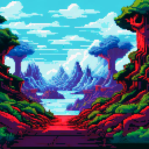 evil fantasy landscape, dead trees on floor, wasteland, jagged rocks, sRGB, pixel art, background, landscape