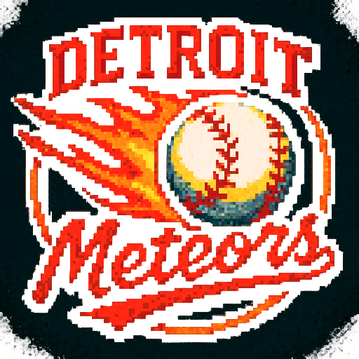 Pixel art of a fictional baseball team called the Detroit Meteors. red, orange, and black, sharp outlines, and soft pixel shading. The logo design mimics 80s MLB logos. Use a vibrant Sega Genesis 16-bit style with selective dithering, geometric forms, and nostalgic retro charm. Avoid modern gradients—keep it pure pixel art.
