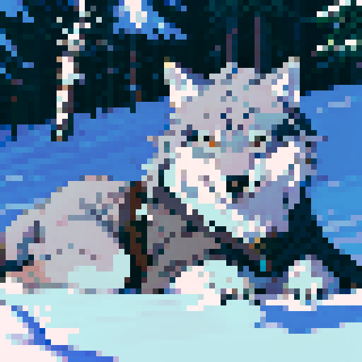 wolf, peacefully sleeping in the untouched snow, its thick grey fur blending harmoniously with the serene, uninterrupted landscape, rendered in exquisite pixel art with a 64x64 canvas, beautifully crafted to capture the enchanting, sRGB color palette