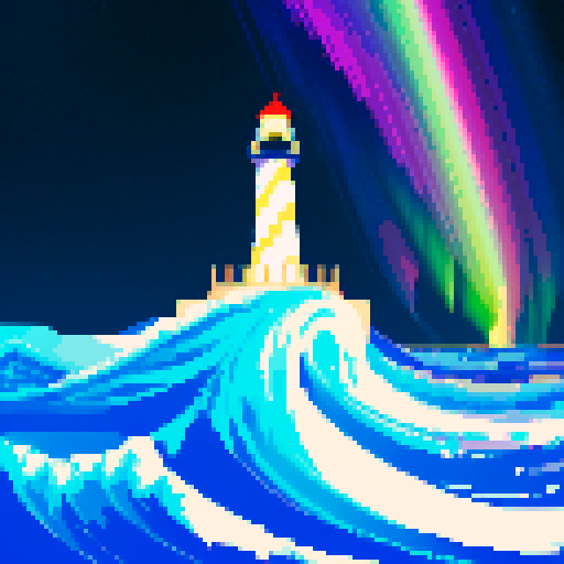 white lighthouse standing tall,rough sea, aurora, vibrant colors, pixelated waves, glowing beams, shimmering reflections, geometric shapes, twinkling stars, low-resolution beauty, retro aesthetic, 8-bit masterpiece