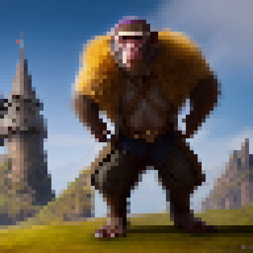 Sunglass-wearing monkey wielding a magical staff, standing atop a castle tower, overlooking a sprawling fantasy kingdom.