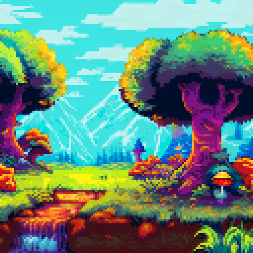 fantasy mushroom hut with fairies flying, whimsical pastel-colored leaves, light shining through trees, landscape