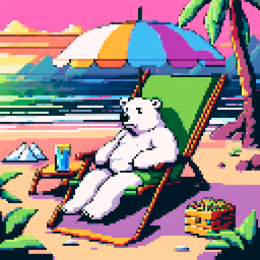 "An 8-bit pixel art of a polar bear relaxing on a tropical beach. The bear, wearing gold chains, sunglasses, and a straw hat, lounges on a reclining chair under a colorful umbrella. A tablet displaying cryptocurrency charts rests on a small table beside a drink and stacks of crypto coins. The scene features pixelated waves, palm trees, and a glowing sunset, blending a laid-back vibe with flashy crypto wealth."