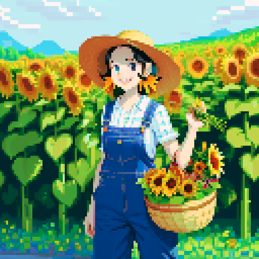 happy, female male farmer in pixel art style, black hair, surrounded by vibrant green fields, wearing worn-out denim overalls and a straw hat, holding a basket full of freshly harvested carrots and a bouquet of sunflowers, with a content smile on his face, standing next to a rustic wooden cart filled with colorful fruits and vegetables