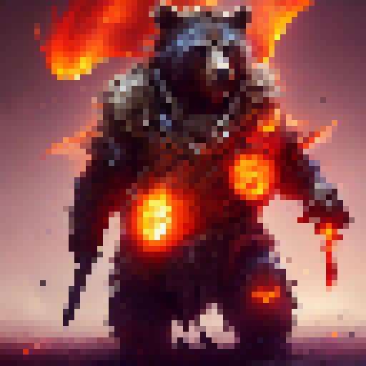 War bear charging through a fiery battlefield, wielding a massive battle axe in a suit of spiked armor, with glowing red eyes and sharp teeth bared, surrounded by fallen soldiers and scorched earth, in an epic display of power and brutality.