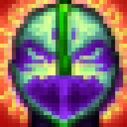 SEND, pixelated and glowing in neon green and purple, with a metallic and futuristic texture, displayed in a circular game icon, skillfully crafted in 32x32 pixel art, set against an sRGB background, and captured in a dramatic close-up portrait.