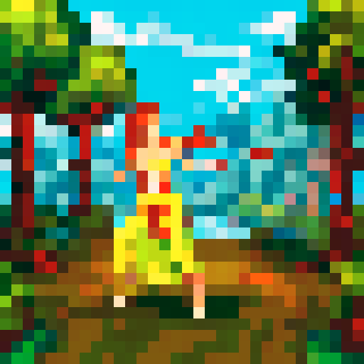 faceless nude human in yellow, wielding bow, targeting animal, surrounded by greenery, pixel art, sRGB
