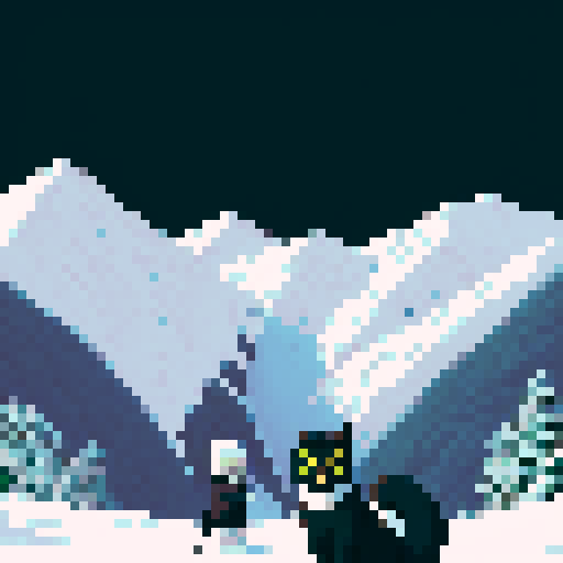 Hatake Kakashi with a black cat with yellow eyes on his shoulders in between towering, snowy mountains