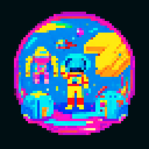 space explorers in vibrant, retro pixel art style, donning diverse space suits with various elements, against cosmic backgrounds, accompanied by unique objects and spacecrafts