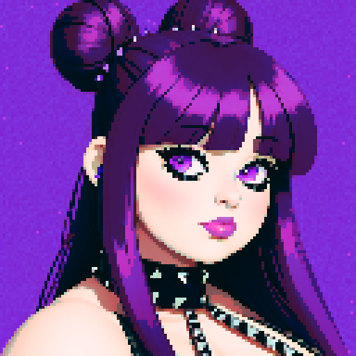Face Portrait of Thicc, curvy, busty goth babe with studded collar, long purple hair in buns, fishnet stockings, studded halter top, posing sexy. pixel art, sRGB.