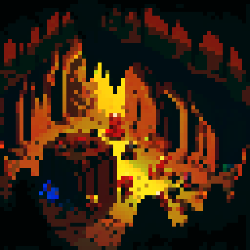 A dark cavern scene with dark stone Stalagmites and Stalactites, glowing red eyes peering from the darkness in the background, and golden treasure and loot scattered across the floor shining