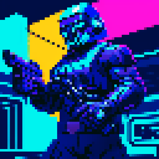 Bounty hunter, rugged and determined, with a pixelated visage and vibrant sRGB colors, brandishing a futuristic blaster, against a backdrop of neon-lit cityscape and flickering shadows