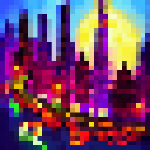 Shiv, a skilled artist, paints a vibrant, 32x32 pixel cityscape at night, featuring towering skyscrapers, neon lights, bustling traffic, and a full moon casting a ghostly glow over everything.