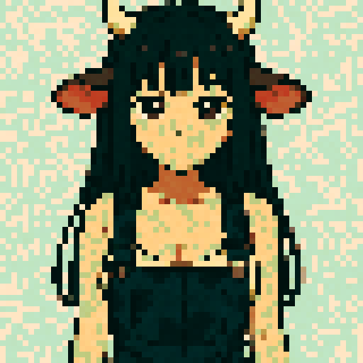 neutral anime cow girl, black long straight hair, front bangs, cream cow horns, brown cow ears with pink inside, large brown eyes, soft sparkle in eyes, neutral expression, calm face, small closed mouth, relaxed eyebrows, cow-themed outfit, cow print overalls (dark denim with black splotches), cream low-cut tank top underneath, visible cleavage, arms straight down at sides, soft posture, centered composition, standing idle, no movement, soft shading, clean outline, retro 