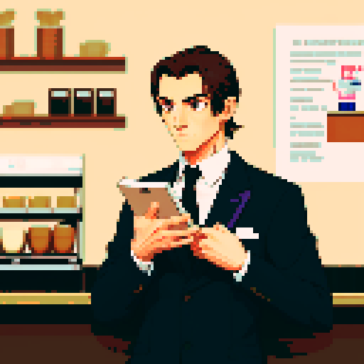 A male hitman dressed in unassuming fashionable clothing standing in a quiet coffee shop observing a day-dreaming female barista who is leaning over the counter and reading an erotic novel