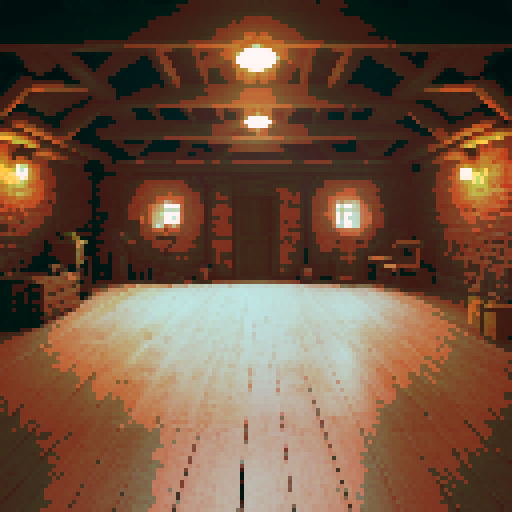 A rustic indoor battleground with a polished wooden floor in the foreground, slightly tilted and sloping upward into the distance. The bottom-left corner is clear and open for a player's perspective, while the middle-right displays warm-toned brick walls, wooden beams, and scattered antique furniture. Soft ambient lighting creates shadows and a cozy, enclosed setting suitable for a balanced battle environment.