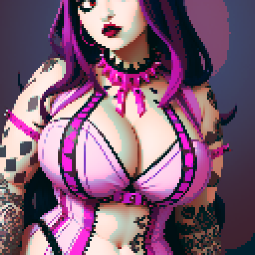 Plus size busty goth girl, with long purple hair, eyeliner, red lipstick. wearing a spiked collar. Posing for a portrait. vibrant sRGB colors, pixel art, edgy aesthetic