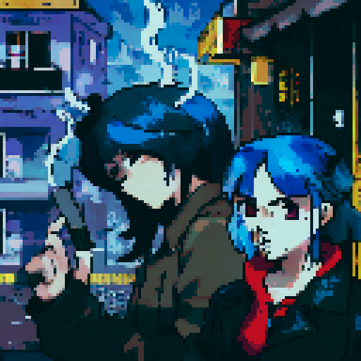 blue haired 90s pop girl on the right is smoking a cigarette, and the man on the left with black hair is holding a gun, night time rainy streets, grim