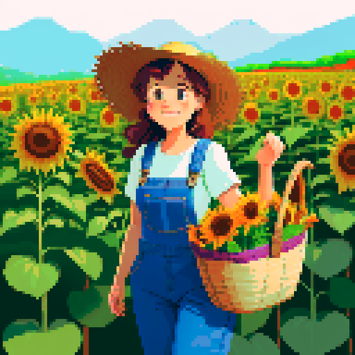 happy, female farmer in pixel art style, surrounded by vibrant green fields, wearing worn-out denim overalls and a straw hat, holding a basket full of freshly harvested carrots and a bouquet of sunflowers, with a content smile on his face, standing next to a rustic wooden cart filled with colorful fruits and vegetables