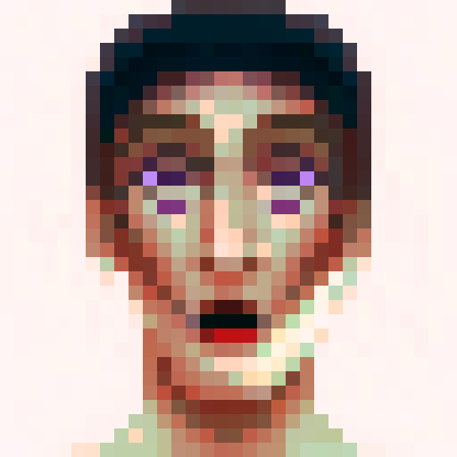 Pixelated close-up portrait of a skillful game icon, featuring vibrant colors and intricate details in 32x32 pixel art style.