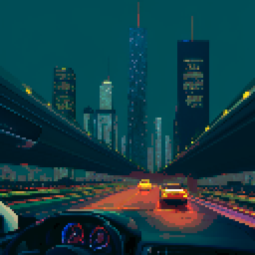car dashboard, driving down a bustling highway, surrounded by towering skyscrapers and a depressing skyline, under a polluted sky, capturing the essence of mystery and depression, mysterious
