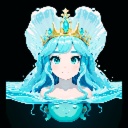 Create a close-up image of a mermaid with a crown in sober style, with her face partially submerged underwater. Half of her face is above the water's surface, revealing her beautiful features. The crown should have an ethereal, shimmering quality, adding to her majestic presence.