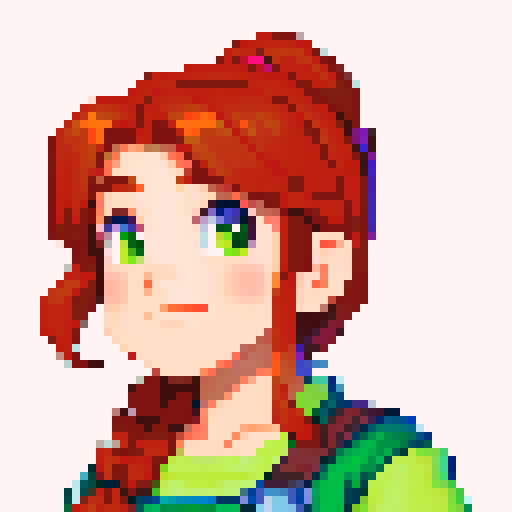 A Stardew valley style portrait for an NPC blacksmith character from the chest up. She has auburn hair in a ponytail, a muscular body with a black apron on, and green eyes.