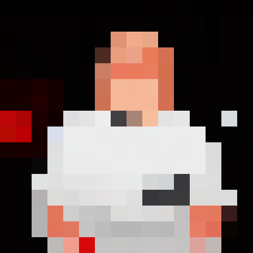 Pixel art close-up portrait of a jolly, obese man with a beaming smile, reminiscent of a classic 16x16 game icon.