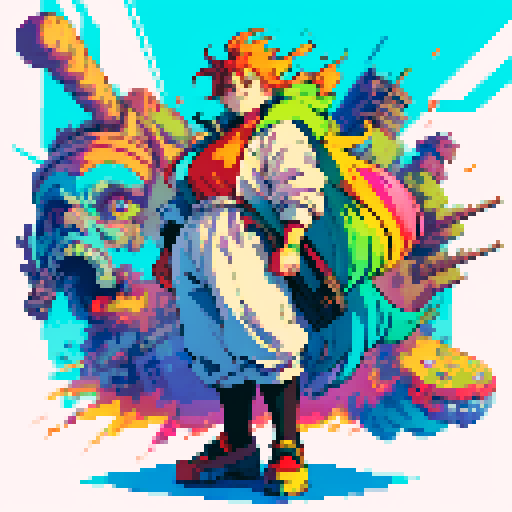 fat mad scientist, full-body image, facing left, giant robot, vibrant colors, exaggerated proportions, pixelated details, sRGB, pixel art