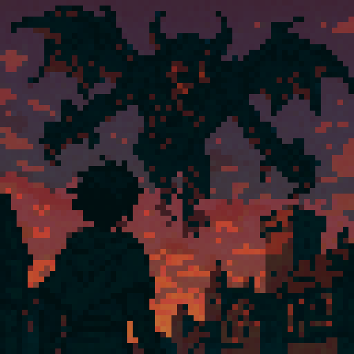 Black haired boy, facing giant monster, flying above in the sky, anime style, medieval, dusk, sRGB, pixel art