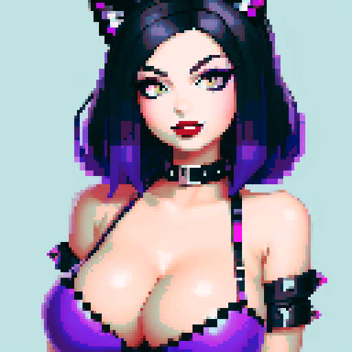 curvy, cute goth cat girl face, black hair, purple eyeshadow, red lipstick, studded leather, face portrait, glamour shot, vibrant sRGB colors, pixel art