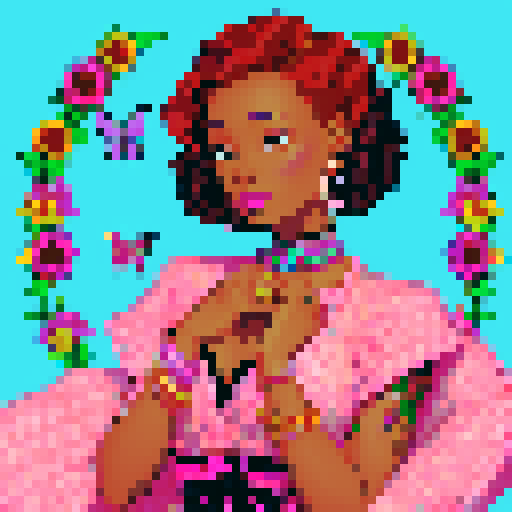 Stylish African woman, short auburn hair with finger waves, adorned with colorful butterflies, wearing pink and black robe, vibrant pink and black butterfly tattoos on arm and chest, vibrant, whimsical pixel art depiction, pearl earrings, warm tea in hand, touching face, garden background with bright pink and blue sunflowers, sRGB style