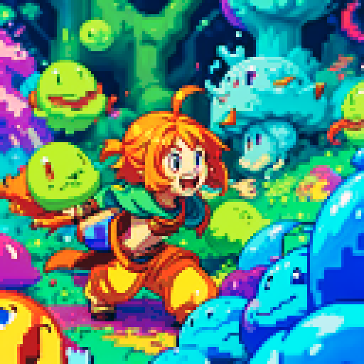 pixelated slime oozing vibrant colors, attacking with pixel art animation