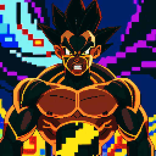 Onyx-skinned, African American warrior with a glistening obsidian complexion, emanating an aura of strength and resilience, inspired by Dragon Ball Z and Marvel's Venom, depicted in captivating pixel art with vibrant sRGB colors