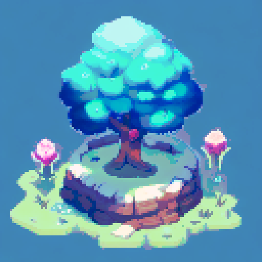 Tree, rendered in vibrant pixel art for a game asset in an earthbound style, png, white background, black outline