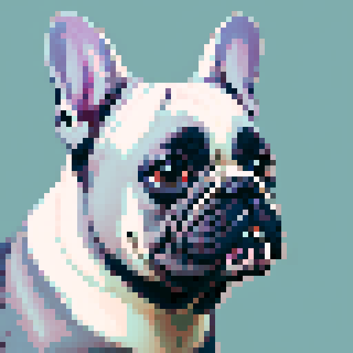 Pixel art, grey French bulldog portrait from the side, with a vibrant, sRGB color palette