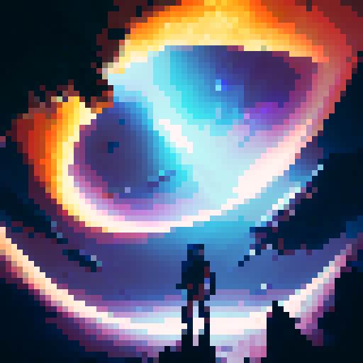 Astronaut, clad in mystical armor, wields a glowing sword while floating amidst swirling nebulae, surrounded by mythical creatures and enchanting landscapes