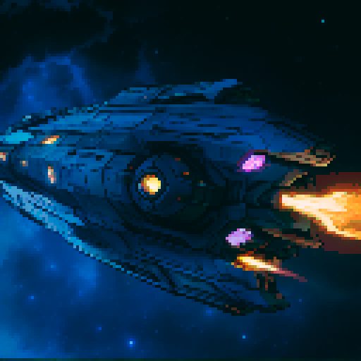 spaceship with sleek metallic exterior, glowing engine fires, starry backdrop, vibrant pixel art, sRGB colors
