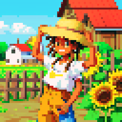 cute African American male farmer with dreads and a straw hat, pixel art, sRGB, vibrant colors, flourishing crops, cheerful sunflowers, bustling farm animals, rustic wooden fences, tranquil countryside, picturesque barn, bountiful harvest, idyllic farm life
