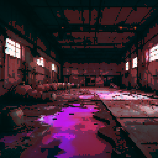 Corrosive Waste Factory "An eerie, abandoned factory with pools of glowing pinkish purple corrosive liquid, rusted metal machinery, leaking pipes, and a toxic atmosphere. The floor is corroded with holes, and the walls are covered in grime and rust. Dim industrial lights flicker in the background."