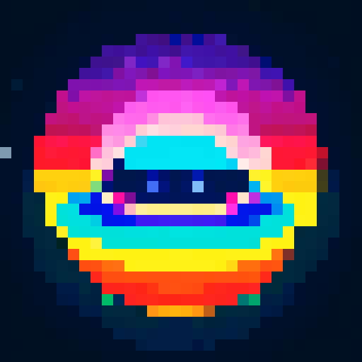 UFO, vibrant colors, retro, pixelated, geometric shapes, glowing, night sky, stars, beams of light, extraterrestrial, mysterious