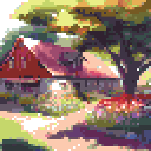 flower field, path leading, red barn, landscape portrait