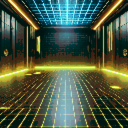 A futuristic holodeck battleground with a flat, glowing grid floor in black and neon yellow, tilted upward for depth. The bottom-left is clear for a player's view, while the middle-right features subtle holographic projections and faint shimmering effects. The background has sleek metallic walls and glowing panels, creating a high-tech simulation chamber that's clean and functional.