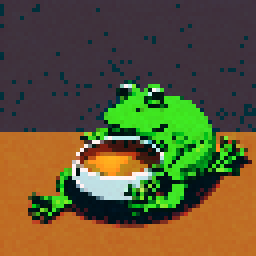 In the cozy ambiance of a dimly lit room, a small, jovial frog perches comfortably upon a plush couch chair, its diminutive size emphasized by the vastness of the furniture. The flickering flames of a nearby fireplace cast a warm glow, enveloping the space in a soft, golden light, creating an atmosphere of comfort and relaxation. With a mug clasped delicately between its tiny webbed fingers, the contented frog takes a sip of steaming coffee, its expression reflecting pure bliss.